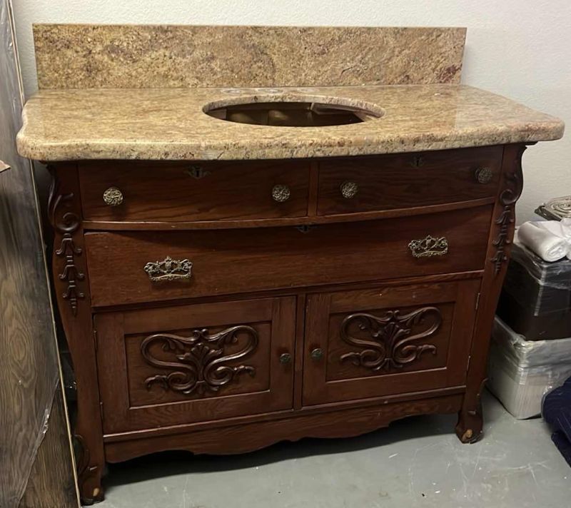 Photo 3 of  ANTIQUE VICTORIAN WALNUT WOOD BATHROOM VANITY CABINET W  MARBLE TOP 45” x 22” H 43”.