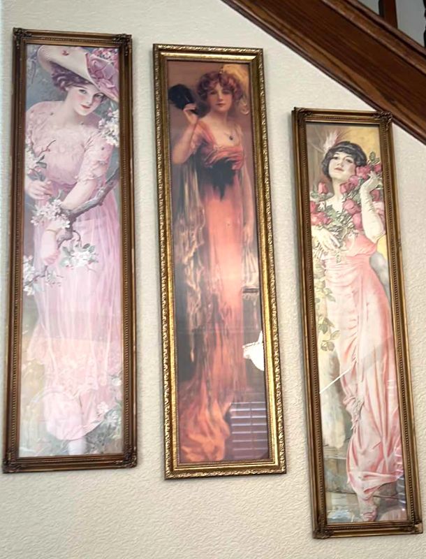 Photo 1 of 3-ANTIQUE GOLD FRAMED “VINTAGE LADIES” ARTWORK 10” x 32” EA