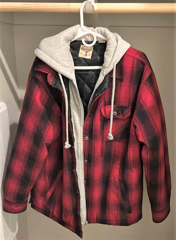 Photo 1 of MENS RED PLAID JACKET WITH SWEATSHIRT UNDERLAY SIZE L