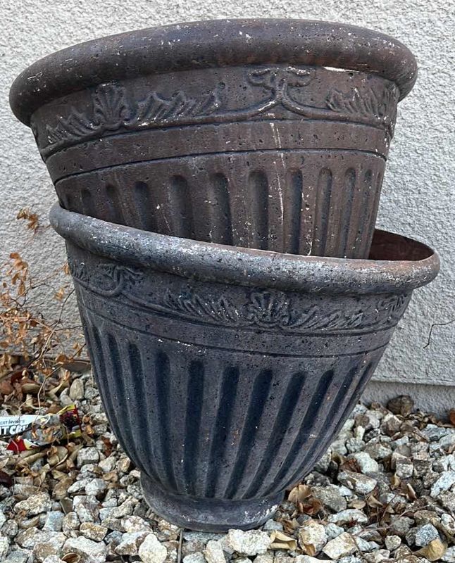 Photo 1 of GARDEN DECOR TWO PLANT POTS 7”CIRCUMFERENCE X H 16”