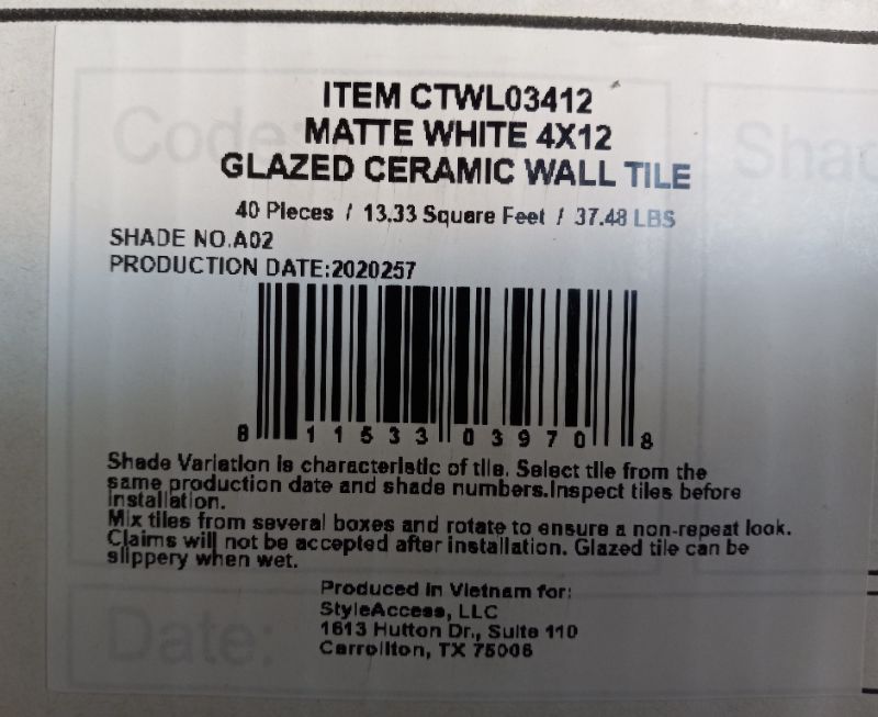 Photo 4 of STYLE ACCESS CERAMIC GLAZED MATTE WHITE WALL TILES CTWL03412 APPROX 93.31sqft 280PCS 4” X 12”