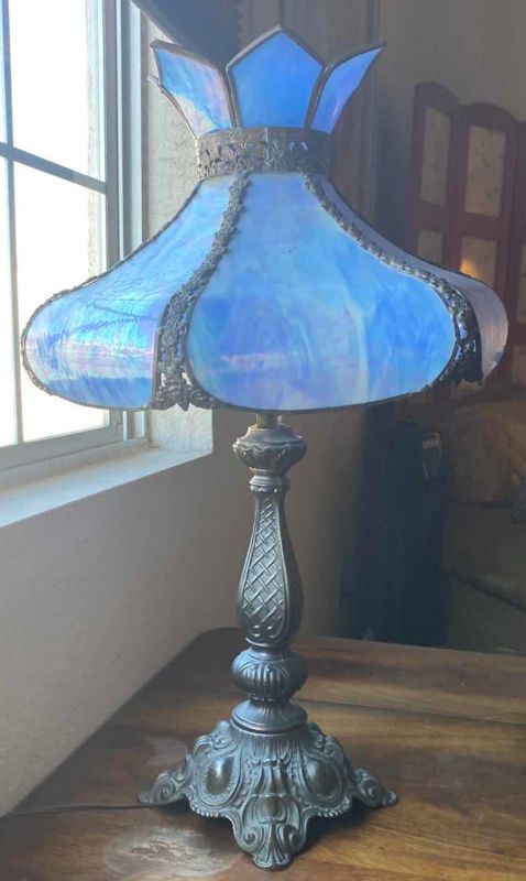 Photo 1 of BLUE STAINED GLASS FILIGREE TABLE LAMP