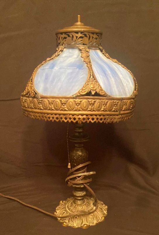 Photo 1 of VINTAGE SLAG GLASS LAMP SHADE ON ORNATE GOLD BASE 