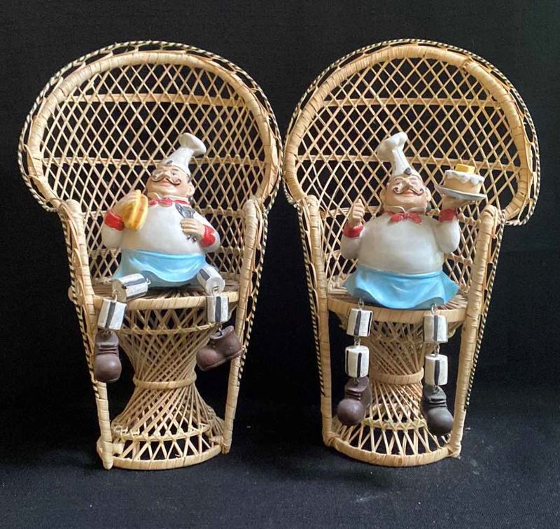 Photo 2 of DECORATIVE GLASS CHEF FIGURINES ON WICKER CHAIRS 