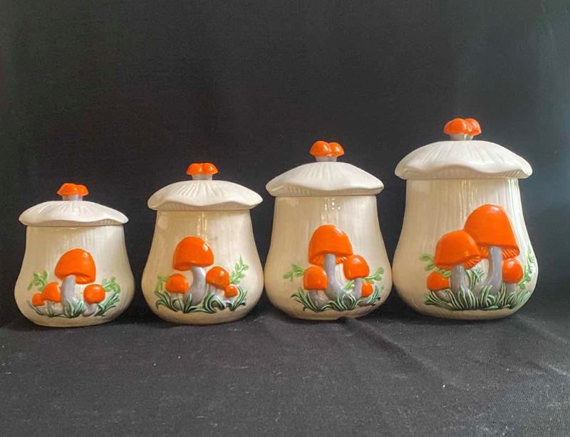 Photo 1 of 4-ARNEL VINTAGE 1970'S  MUSHROOM CERAMIC CANISTERS