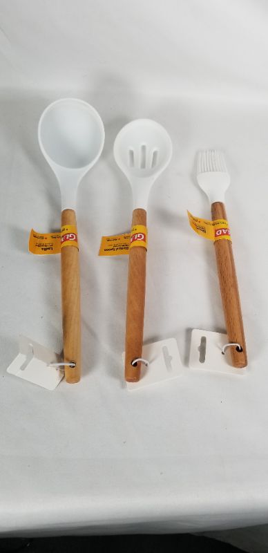 Photo 1 of 3 PIECE WHITE SILICON AND WOOD KITCHEN UTENSIL SET LADLE SLOTTED SPOON BRUSH NEW