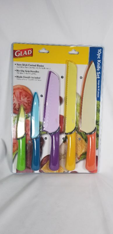 Photo 1 of 10 PIECE KNICKE SETNON STICK COATED BLADES NON SLIP GRIP HANDLES BLADE SHEALTH 8INCHES CHEF KNIFE 8INCH BREAD KNIFE 7NCHE SANTOKU KNIFE 5 INCHE UTILITY KNIFE 3.5 PARING KNIFE NEW 