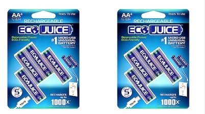Photo 1 of 2 PACKS OF 4 ECO JUICE AAA RECHARGEABLE BATTERIES MICRO USB NIMH UNIVERSAL ECOFRIENDLY 1000X RECHARGEABLE BY ECO JUICE MICRO USB 4 PIECE PRECHARGED NEW IN BOX 