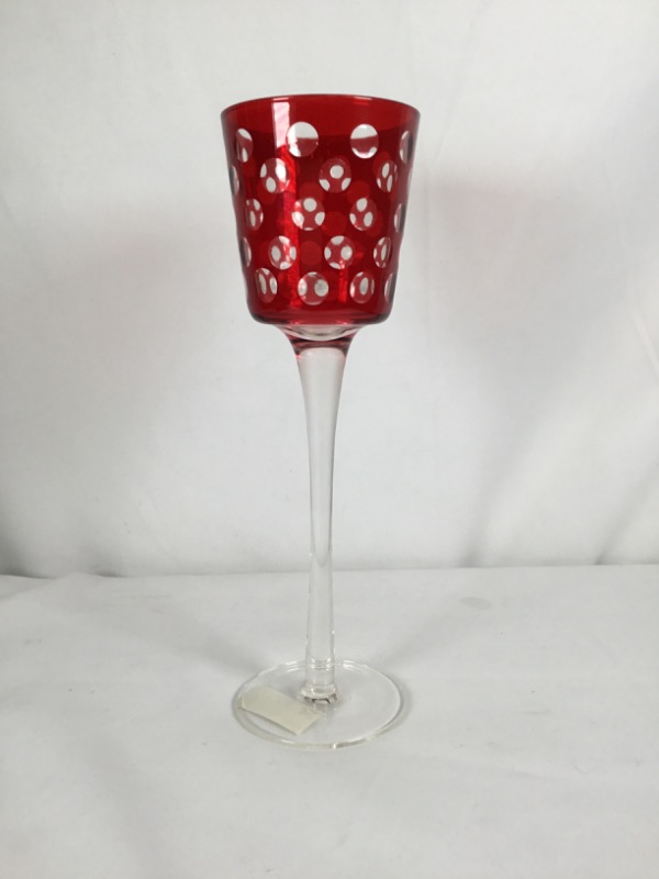 Photo 1 of ROUND GLASS RED KALEIDOSCOPE CANDLE HOLDER TALL 2.875X 9.5H NEW