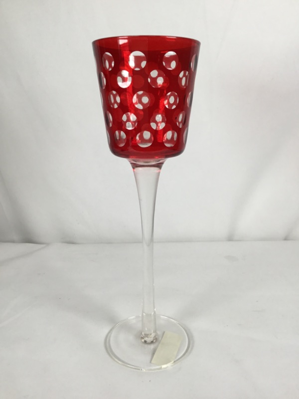 Photo 1 of ROUND GLASS RED KALEIDOSCOPE CANDLE HOLDER TALL 2.875X 9.5H NEW
