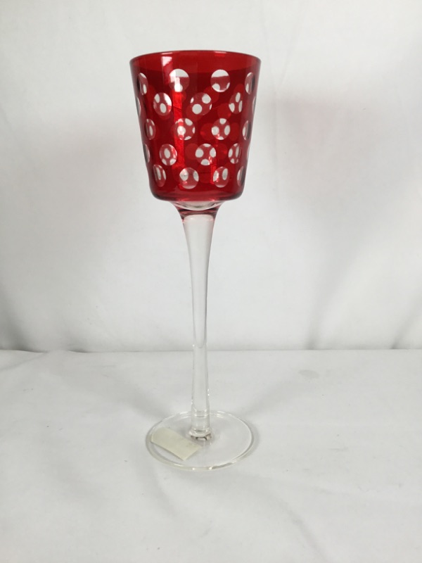 Photo 3 of ROUND GLASS RED KALEIDOSCOPE CANDLE HOLDER TALL 2.875X 9.5H NEW