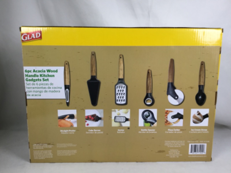 Photo 2 of 6 PIECE ACACIA WOOD HANDLE KITCHEN GADGET SET INCLUDES STRAIGHT PELLER CAKE SERVER GRATER BOTTLE OPENER PIZZA CUTTER AND ICE CREAM SCOOP NEW