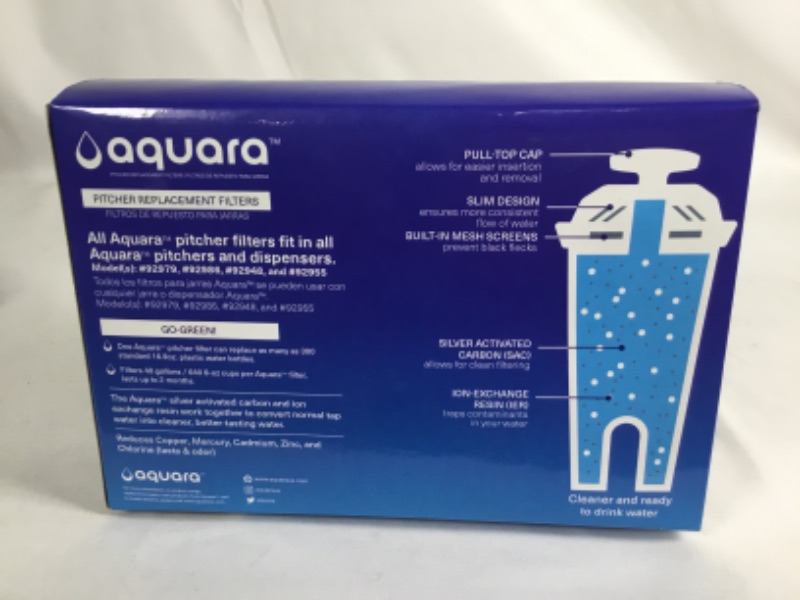 Photo 2 of AQUARA 3 PACK REPLACEMENT FILTERS ENJOY HEALTHIER GREAT TASTING WATER REDUCES COPPER MERCURY CADMIUM ZINC AND CHLORINE FOR USE WITH AQUARA BRITA AND PUR PICHERS AND DISPENSERS NEW