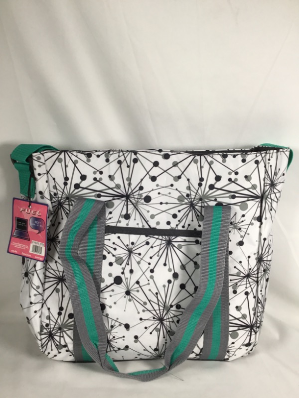 Photo 1 of LAPTOP TOTE STATIC STAR PRINT WITH SHOULDER STRAP  TEAL WHITE GREY AND BLACK 12 X 5 X 13.5H NEW