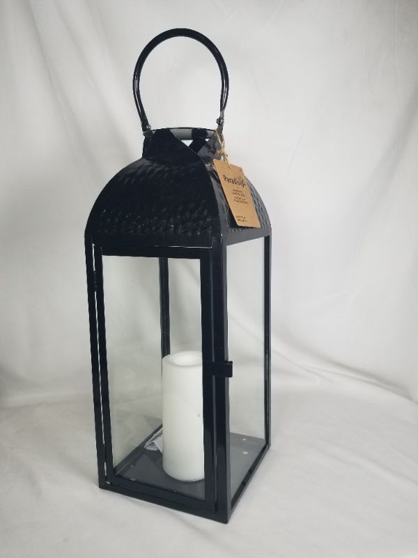 Photo 1 of LED LANTERN EMBOSSED BLACK METAL &GLASS 7.9x18.5H BATTERIES NOT INCLUDED NEW 