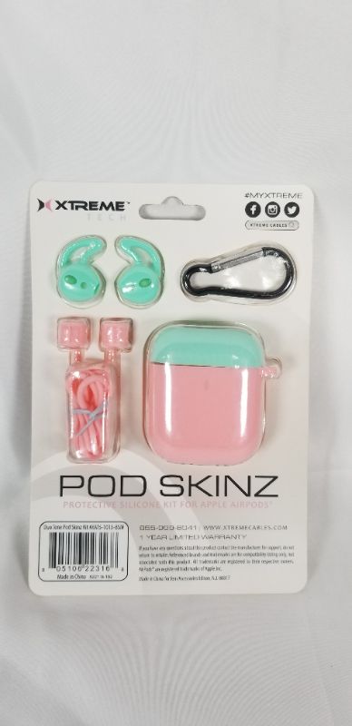 Photo 1 of 4 PIECE POD SKINZ KIT DUO TONE EDITION PROTECTIVE CASE CARABINER SPORT HOOKS AND NECK STRAP FOR APPLE AIRPODS PINK/MINT NEW