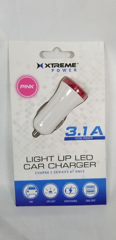 Photo 1 of PINK AND WHITE LIGHT UP LED CAR CHARGER 3.1A TOTAL POWER CHARGE 2 DEVICES AT ONCE NEW