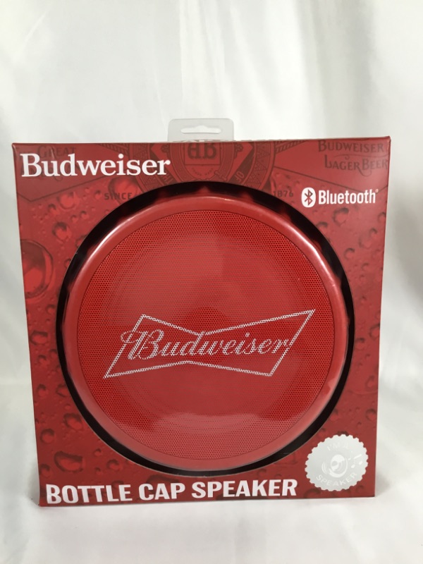 Photo 2 of BUDWEISRER BOTTLE CAP SPEAKER FM RADIO MICRO SD USB PORT AUX PORT COLOR CHANGING LED LIGHTS CAN BE WALL MOUNTED OR FREE STANDING NEW