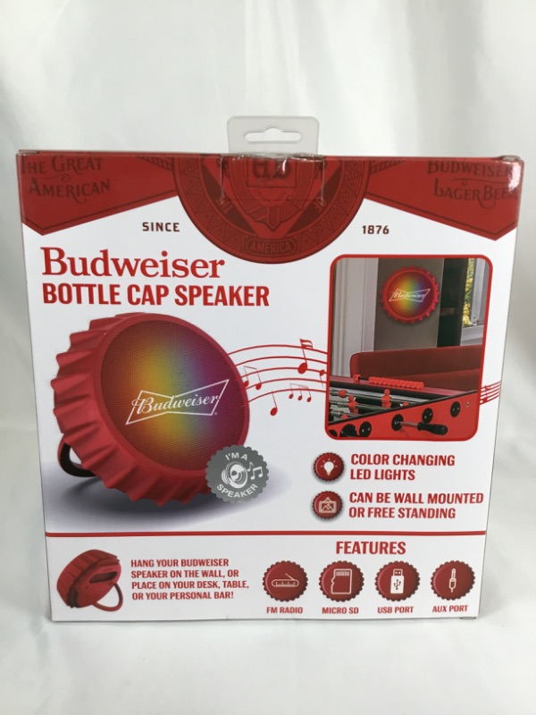 Photo 3 of BUDWEISRER BOTTLE CAP SPEAKER FM RADIO MICRO SD USB PORT AUX PORT COLOR CHANGING LED LIGHTS CAN BE WALL MOUNTED OR FREE STANDING NEW