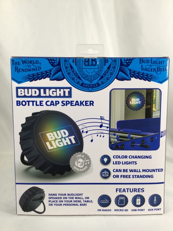 Photo 3 of BUD LIGHT BOTTLE CAP SPEAKER FM RADIO MICRO SD USB PORT AUX PORT COLOR CHANGING LED LIGHTS CAN BE WALL MOUNTED OR FREE STANDING NEW