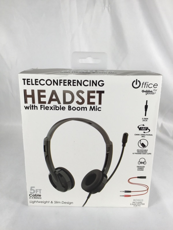 Photo 2 of TELECONFEREENCING HEADSET WITH 5 FEET CABLE FLEXIBLE BOOM MIC 3.5 MM JACK 180 OMNI DIRECTIONAL MIC AJUSTABLE HEADBAND AND PADDED EAR CUPS DETAILED STEREO SOUND BONUS 3.5MM SPLITTER FOR PC INCLUDED NEW