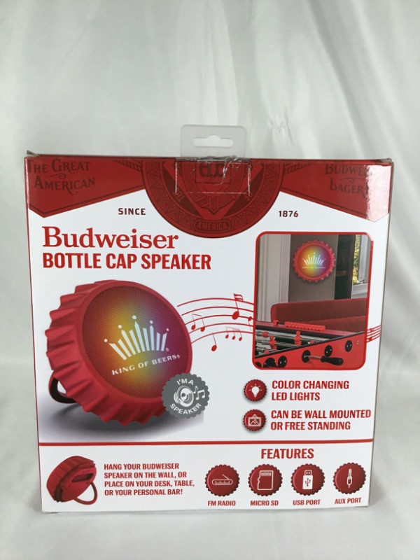 Photo 3 of BUDWEISER BOTTLE CAP SPEAKER COLOR CHANGING LED LIGHTS CAN BE WALL MOUNTED OR FREE STANDING FEATURES FM RADIO MICRO SD USB PORT AUX PORT NEW