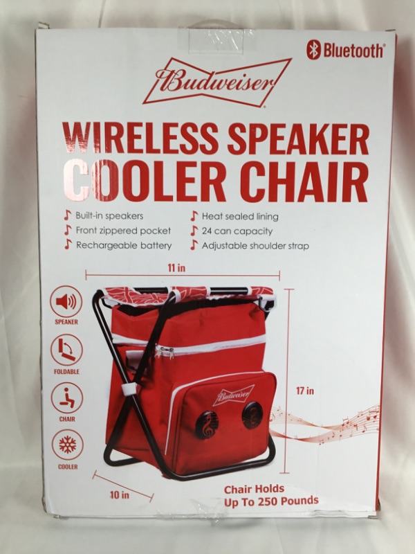 Photo 3 of BUDWEISER WIRELESS SPEAKER COOLER CHAIR FEATURES  BUILD IN SPEAKERS FRONT ZIPPERED POCKET RECHARGEABLE BATTERY HEAT SEALED LINING 24 CAN CAPACITY ADJUSTABLE SHOULDER STRAP 11 X 10 X 17 INCHES CHAIR HOLDS UP TO 250 POUNDS NEW