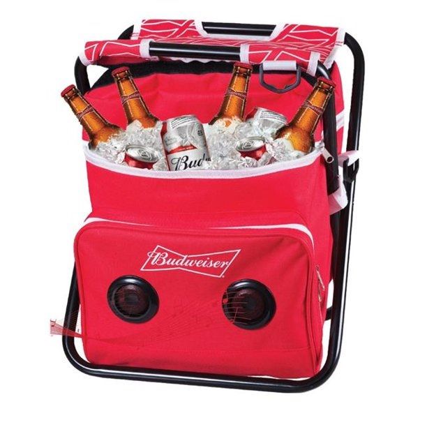 Photo 1 of BUDWEISER WIRELESS SPEAKER COOLER CHAIR FEATURES  BUILD IN SPEAKERS FRONT ZIPPERED POCKET RECHARGEABLE BATTERY HEAT SEALED LINING 24 CAN CAPACITY ADJUSTABLE SHOULDER STRAP 11 X 10 X 17 INCHES CHAIR HOLDS UP TO 250 POUNDS NEW