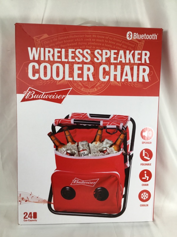 Photo 2 of BUDWEISER WIRELESS SPEAKER COOLER CHAIR FEATURES  BUILD IN SPEAKERS FRONT ZIPPERED POCKET RECHARGEABLE BATTERY HEAT SEALED LINING 24 CAN CAPACITY ADJUSTABLE SHOULDER STRAP 11 X 10 X 17 INCHES CHAIR HOLDS UP TO 250 POUNDS NEW