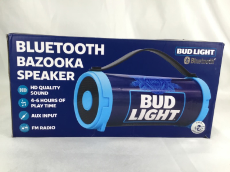 Photo 1 of BUD LIGHT BLUETOOTH BAZOOKA SPEAKER FEATURES HD QUALITY SOUND 4 TO 6 HOURS OF PLAY TIME AUX INPUT FM RADIO NEW