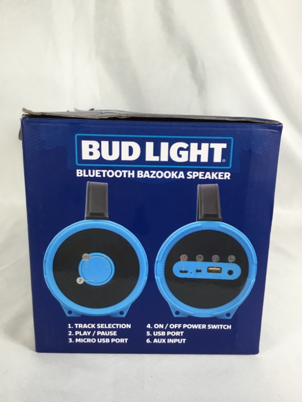 Photo 3 of BUD LIGHT BLUETOOTH BAZOOKA SPEAKER FEATURES HD QUALITY SOUND 4 TO 6 HOURS OF PLAY TIME AUX INPUT FM RADIO NEW