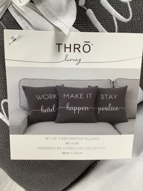 Photo 4 of SET OF 3 DECORATIVE INSPIRATIONAL GREY AND WHITE  PILLOWS    WORK HARD   MAKE IT HAPPEN   STAY POSITIVE   14 X 14 INCHES NEW