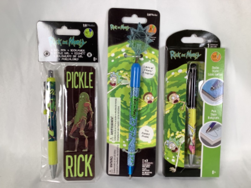 Photo 1 of RICK AND MORTY 3 PIECE PEN COLLECTION SET INCLUDES 1 STYLUS BALLPOINT PEN 1 LIGHT UP BALLPOINT PEN AND 1 GEL PEN AND 1 BOOKMARK 