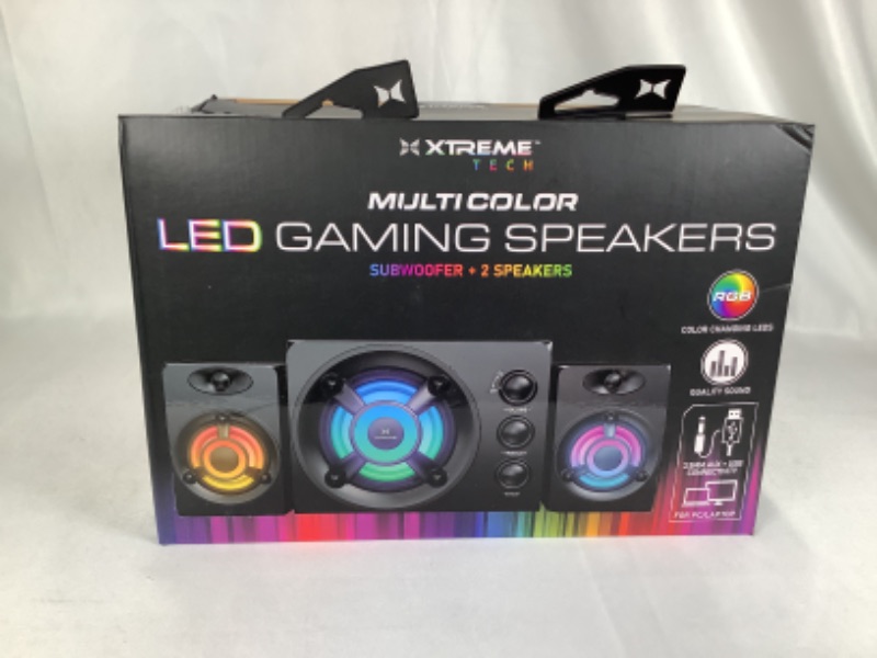 Photo 1 of MULTICOLOR RBG LED GAMING SPEAKERS SUBWOOFER AND 2 SPEAKERS 3.5 MM AUX USB CONNECTIVITY NEW