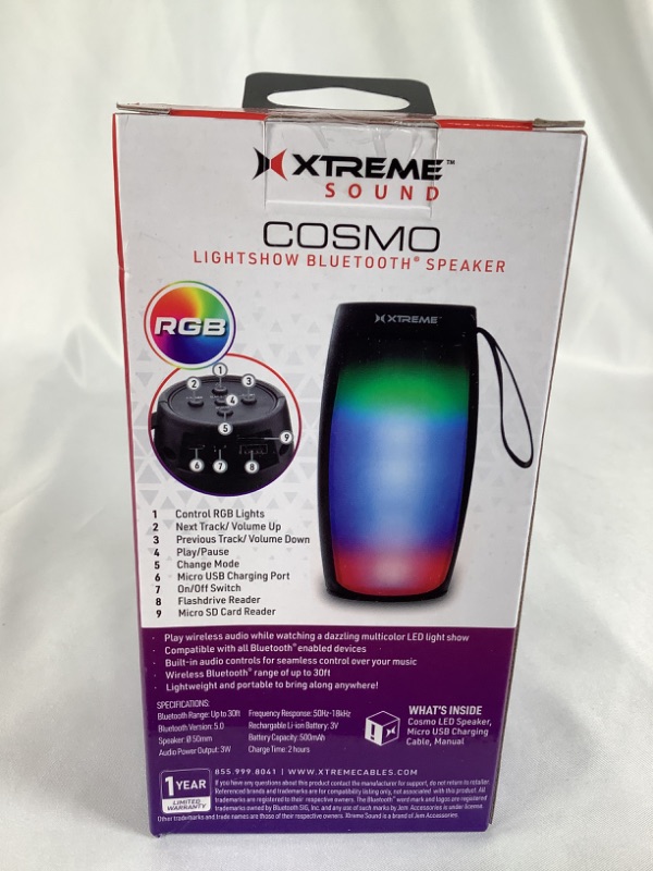 Photo 2 of COSMO LIGHTSHOW BLUETOOTH SPEAKER PORTABLE RECHARGEABLE FULL AUDIO CONTROLS FLASHDRIVE READER MICRO SD CARD READER NEW