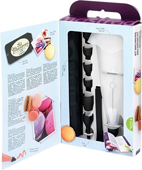 Photo 1 of MACARON KIT INCLUDES A MACARON BAKING SHEET WITH 52 LITTLE CAVITIES ONE 500 ML SILICONE PIPING BAG WITH 6 NOZZLES ONE CAP AND CLIP TO PRESERVE MIXTURES AND A MACARON BOOKLET WITH ADVICE AND RECIPES NEW