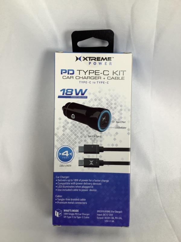 Photo 2 of PD TYPE C KIT CAR CHARGER AND CABLE DELIVERS TYPE C TO A TYPE C UP TO 18W OF POWER FOR A FASTER CHARGE TANGLE FREE BRAIDED CABLE LED ILLUMINATES WHEN PLUGGED IN NEW