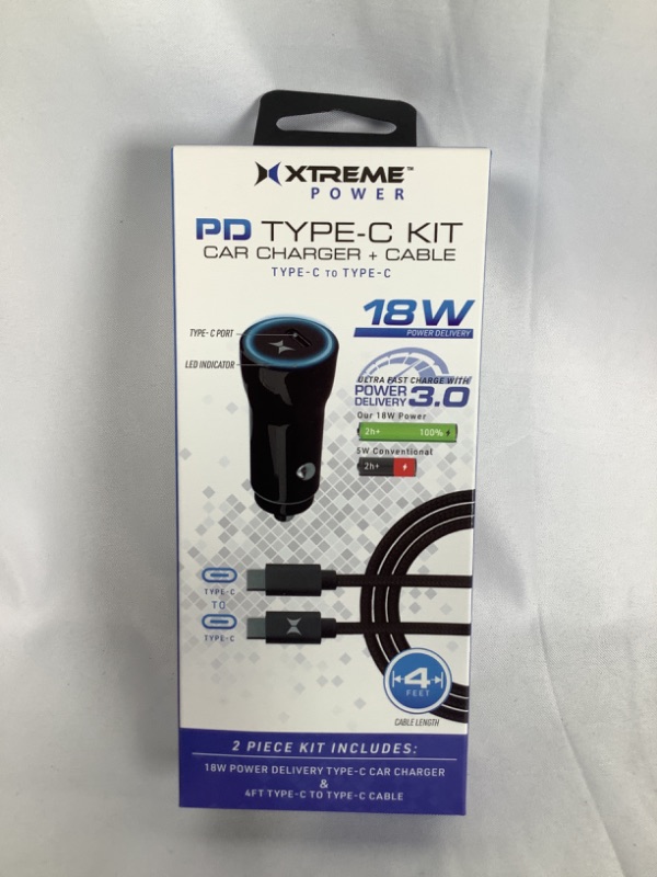 Photo 1 of PD TYPE C KIT CAR CHARGER AND CABLE DELIVERS TYPE C TO A TYPE C UP TO 18W OF POWER FOR A FASTER CHARGE TANGLE FREE BRAIDED CABLE LED ILLUMINATES WHEN PLUGGED IN NEW