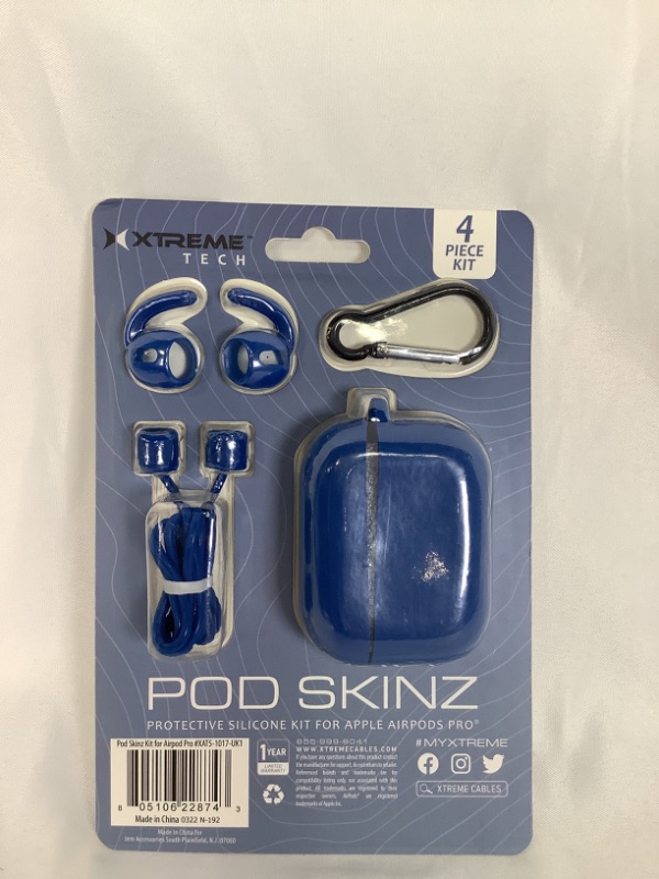 Photo 2 of BLUE POD SKINZ 4 PIECE KIT PROTECTIVE CASE CARABINER SPORT HOOKS AND NECK STRAPS MADE FOR AIRPODS PRO NEW