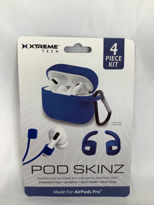 Photo 1 of BLUE POD SKINZ 4 PIECE KIT PROTECTIVE CASE CARABINER SPORT HOOKS AND NECK STRAPS MADE FOR AIRPODS PRO NEW