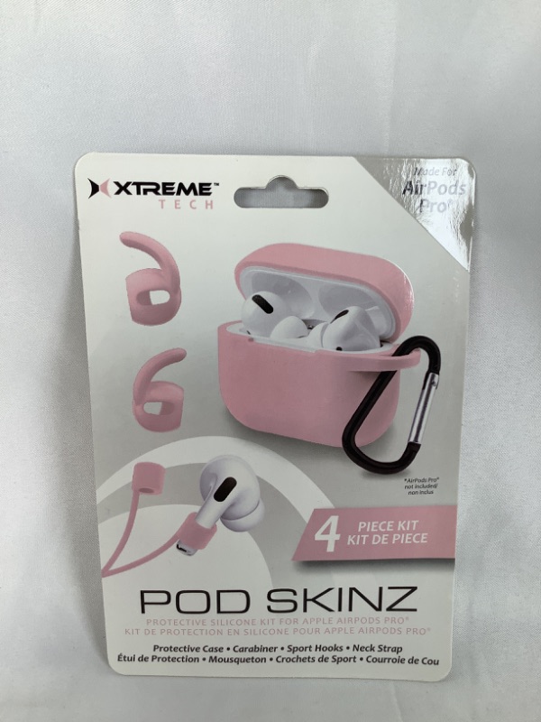 Photo 1 of PINK POD SKINZ 4 PIECE KIT PROTECTIVE CASE CARABINER SPORT HOOKS AND NECK STRAPS MADE FOR AIRPODS PRO NEW