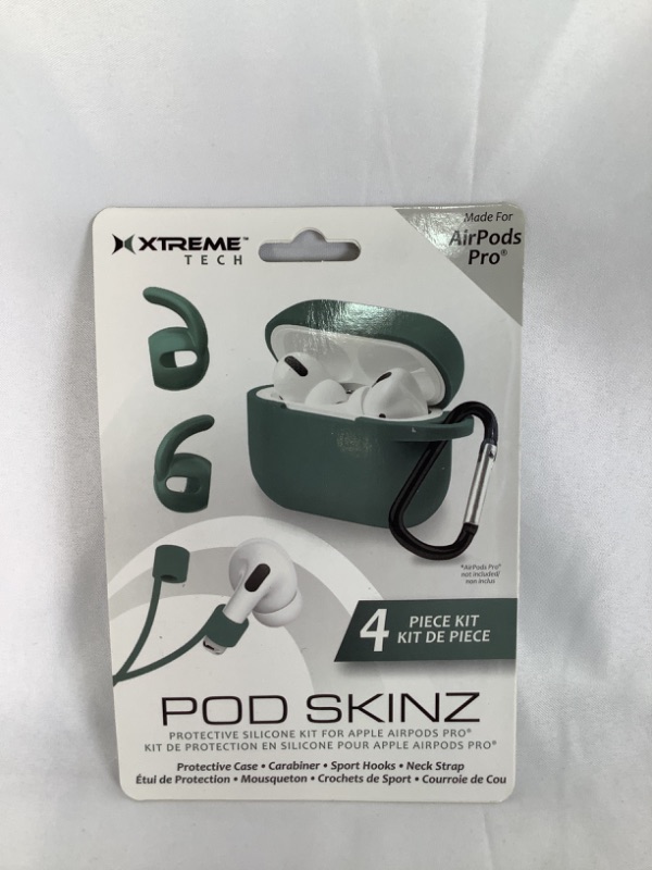 Photo 1 of GREEN  POD SKINZ 4 PIECE KIT PROTECTIVE CASE CARABINER SPORT HOOKS AND NECK STRAPS MADE FOR AIRPODS PRO NEW