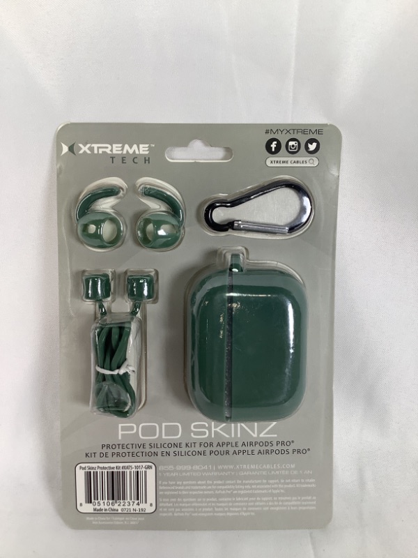 Photo 2 of GREEN  POD SKINZ 4 PIECE KIT PROTECTIVE CASE CARABINER SPORT HOOKS AND NECK STRAPS MADE FOR AIRPODS PRO NEW