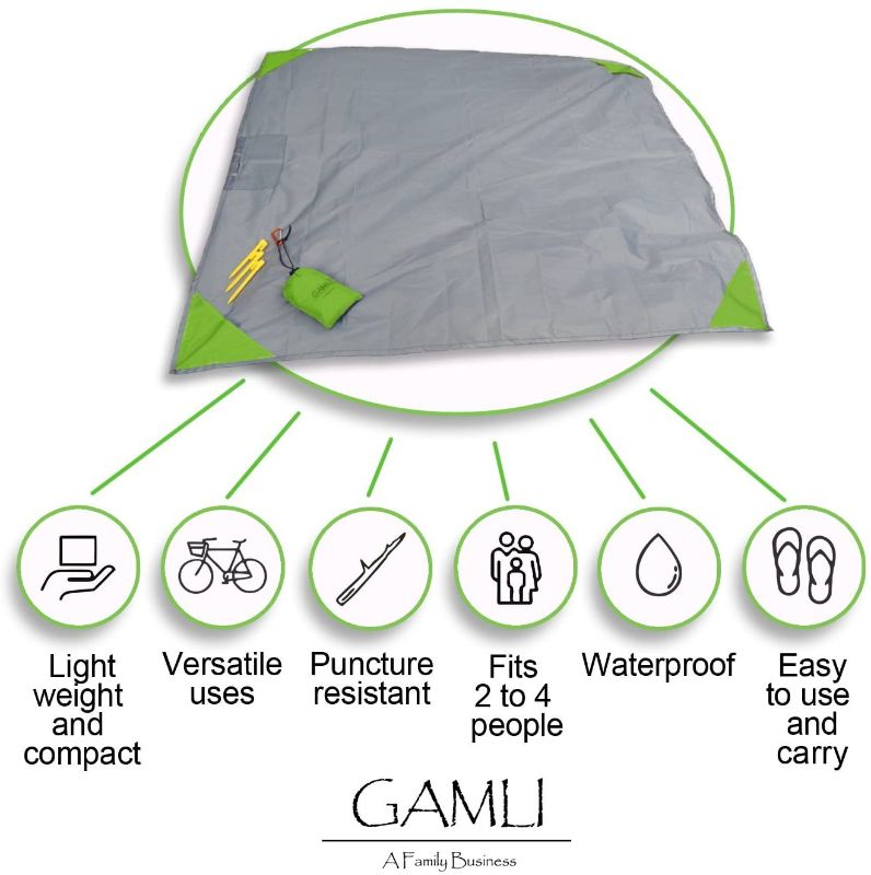 Photo 2 of GAMLI COMPACT POCKET BLANKET SANDPROOF WATERPROOF PUNCTURE RESISTANT SECURE POCKET WITH ZIPPER CAMPING BEACH FESTIVAL FITS 4 PEOPLE 55 X 60 BLACK COLOR NEW 