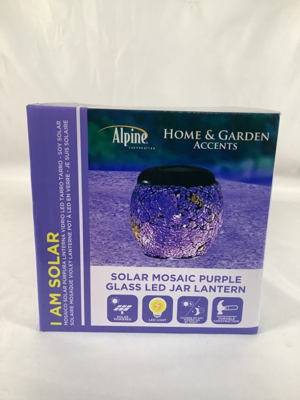 Photo 1 of SOLAR MOSAIC PURPLE GLASS LED JAR LANTERN  5 X 5 X 5 NEW