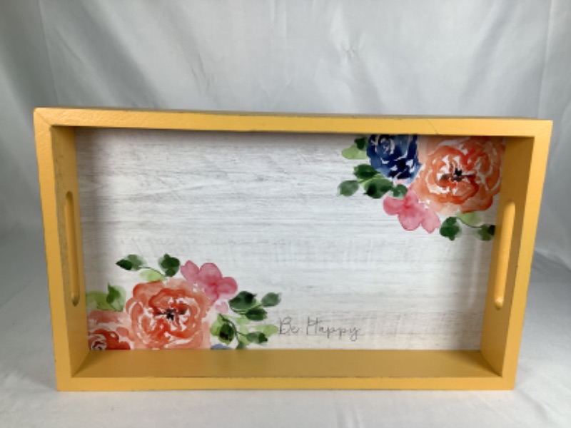 Photo 1 of  YELLOW BE HAPPY FLOWER WOOD TRAY WITH HANDLES 13.5 X 8 X 1.7  NEW
