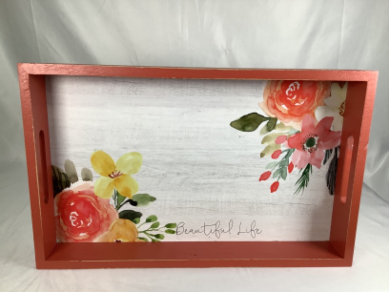 Photo 1 of  BEAUTIFUL LIFE FLOWER WOOD TRAY WITH HANDLES 15.3 X 9.5 X 1.75 NEW