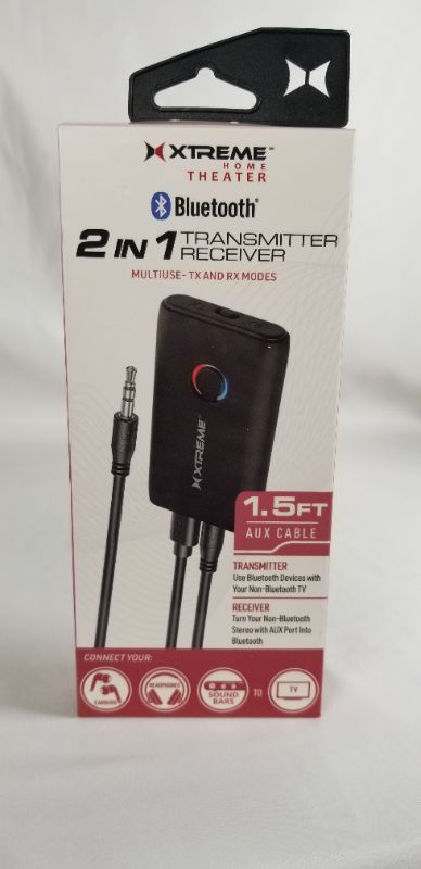 Photo 1 of  2 IN1 TRANSMITTER RECEIVER MULTIUSE TX AND RX MODES 1.5 FEET AUX CABLE CONNECT EARBUDS HEADPHONES SOUND BARS TO YOUR TV NEW
