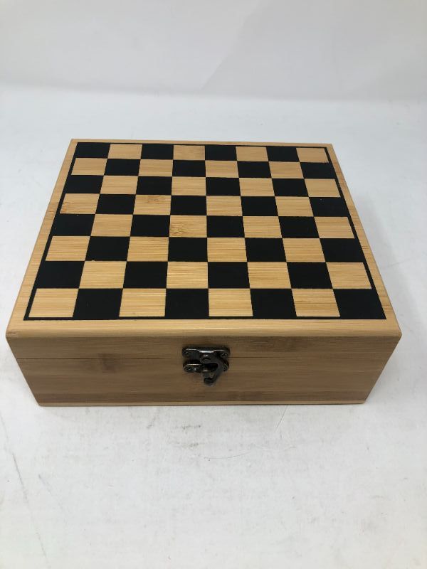 Photo 1 of WINE ACCESSORIES CHESS SET WOODEN CHESS BOX WHITE AND BROWN CHESS PIECES COMPLETE WITH WINE OPENER KORK AND HOLDER NEW IN BOX 