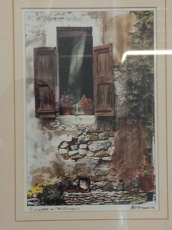 Photo 2 of BIRDCAGE IN THE WINDOW FRAMED ARTWORK SIGNED BY MARTIN ROBERTS SOUTH OF FRANCE 13” X 19”